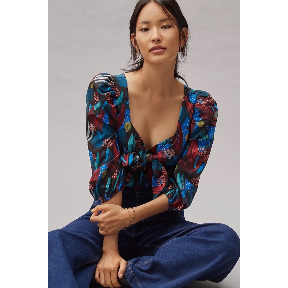 NWT Anthropologie Eva Franco Tropical Sweetheart Puff Sleeve Blouse Sz 8